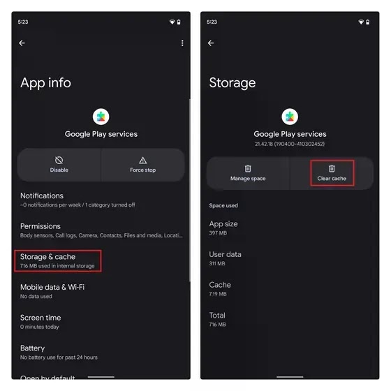 مسح ذاكرة التخزين المؤقت تطبيق خدمات Google Play