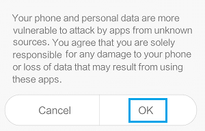 في نافذة التأكيد المنبثقة، انقر فوق "موافق" للسماح بالتنزيلات من مصادر غير معروفة على هاتف Xiaomi, تنزيل متجر play على الهاتف شاومي و تثبيت خدمات قوقل بلاي