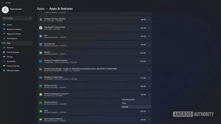 قم بإلغاء تثبيت نظام Windows الفرعي لنظام Android