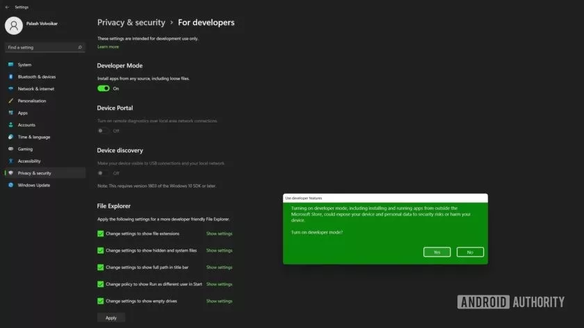 تبديل وضع مطور Windows 11